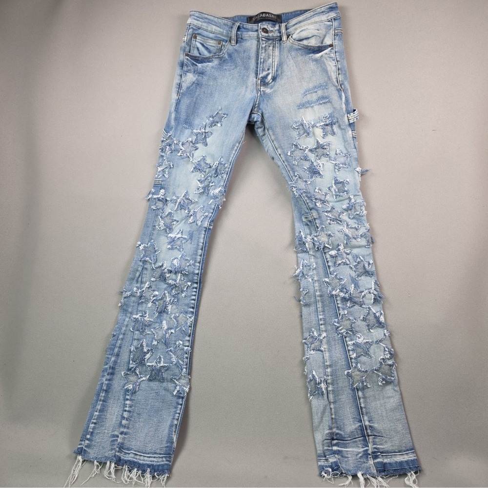 Valabasas Stacked Jeans Mens 32 Blue Star Patch Distressed Denim Flare Bottom
